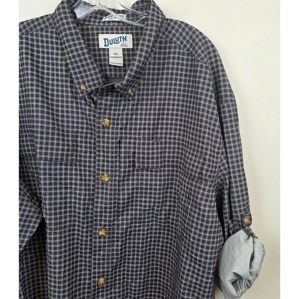 Duluth Trading Co Untuckit Shirt Mens 2XL Gray White Grid Plaid Roll Tab